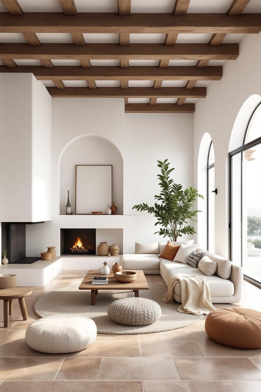 Cozy Spanish living room with fireplace and neutral tones