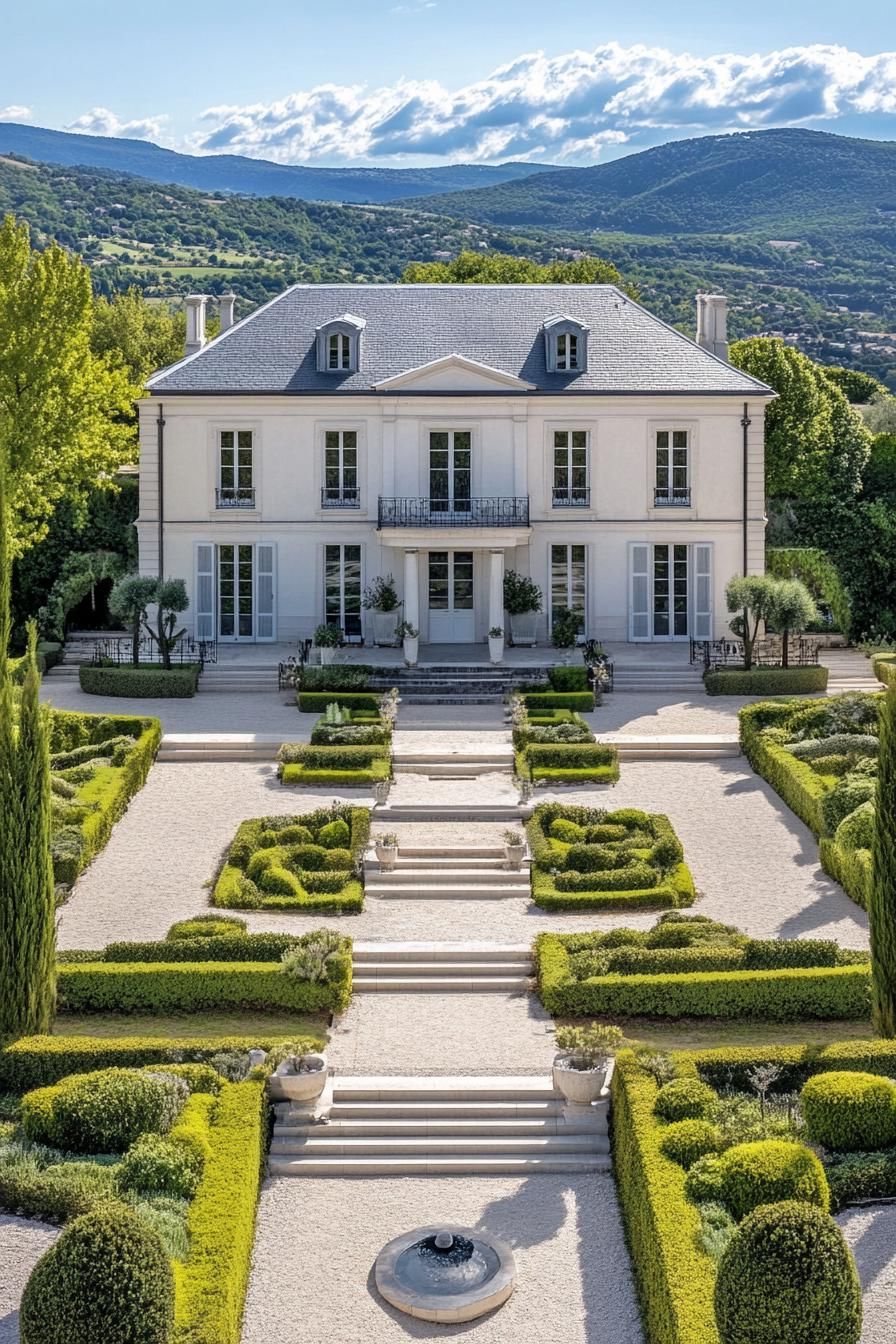 high angle view of French white manor with grey roof facade with detailing large front garden with geometric shrubs and paven paths with steps 4