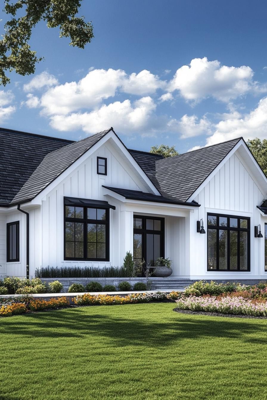 Modern ranch-style house with white siding, black trim, lush landscaping, and a pristine lawn