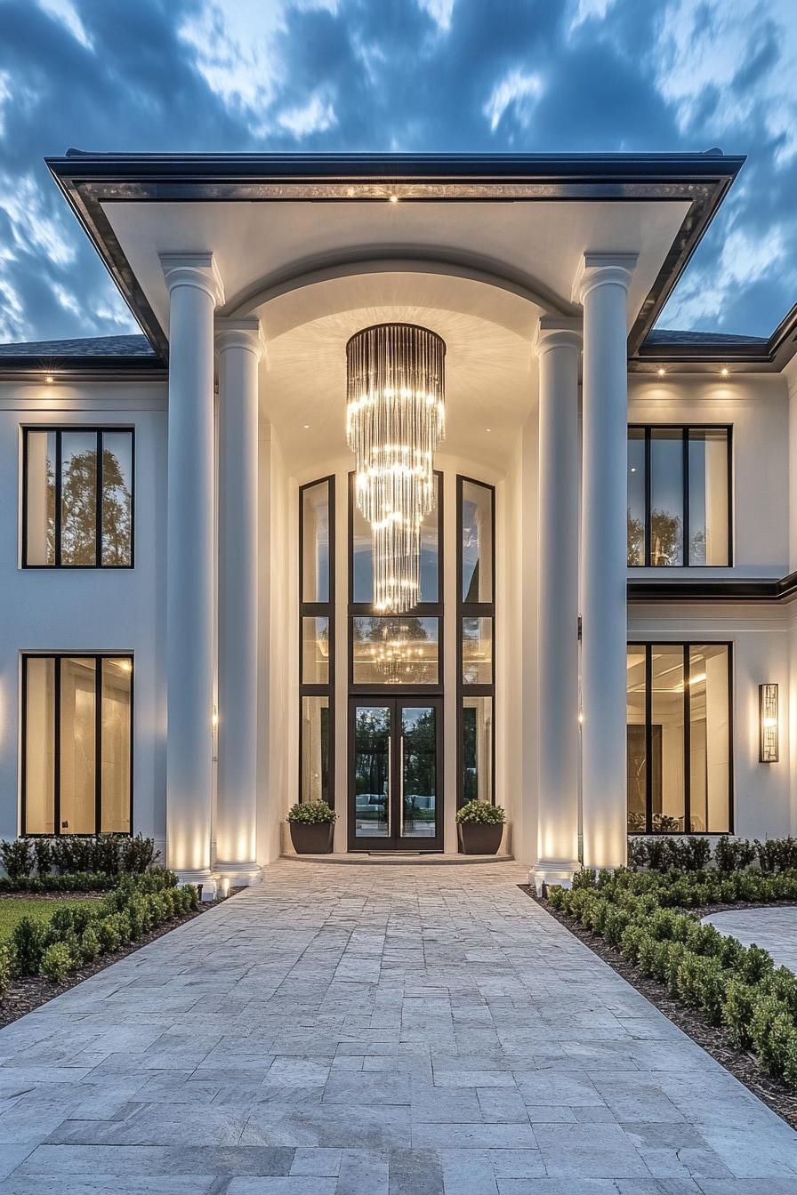 modern mansion with large columns and modlings large front arch over driveway there is a modern chandelier hanging from the arch the mansion has 3