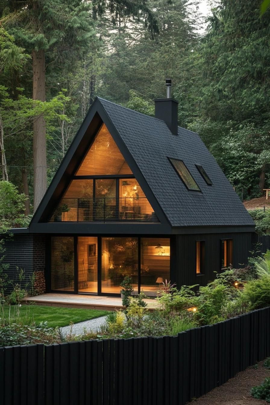 modern tiny a frame cabin with black roof and siding full wall glass window multi pitched roof black wooden fence in front lush forest in the 2