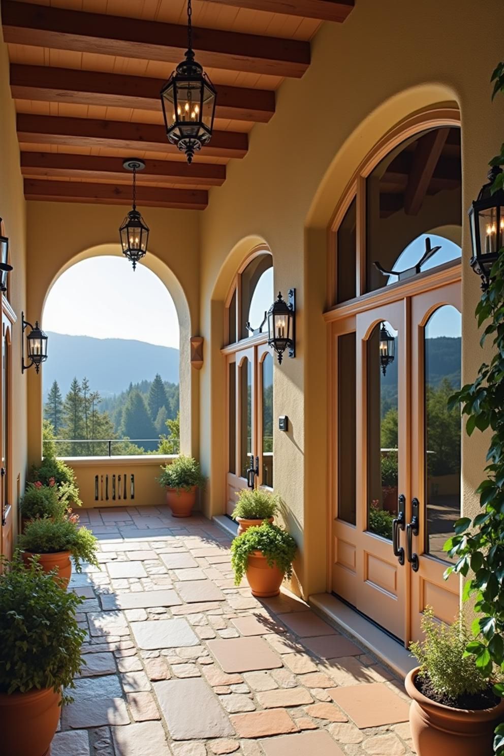 Sunny porch with potted plants and arched openings