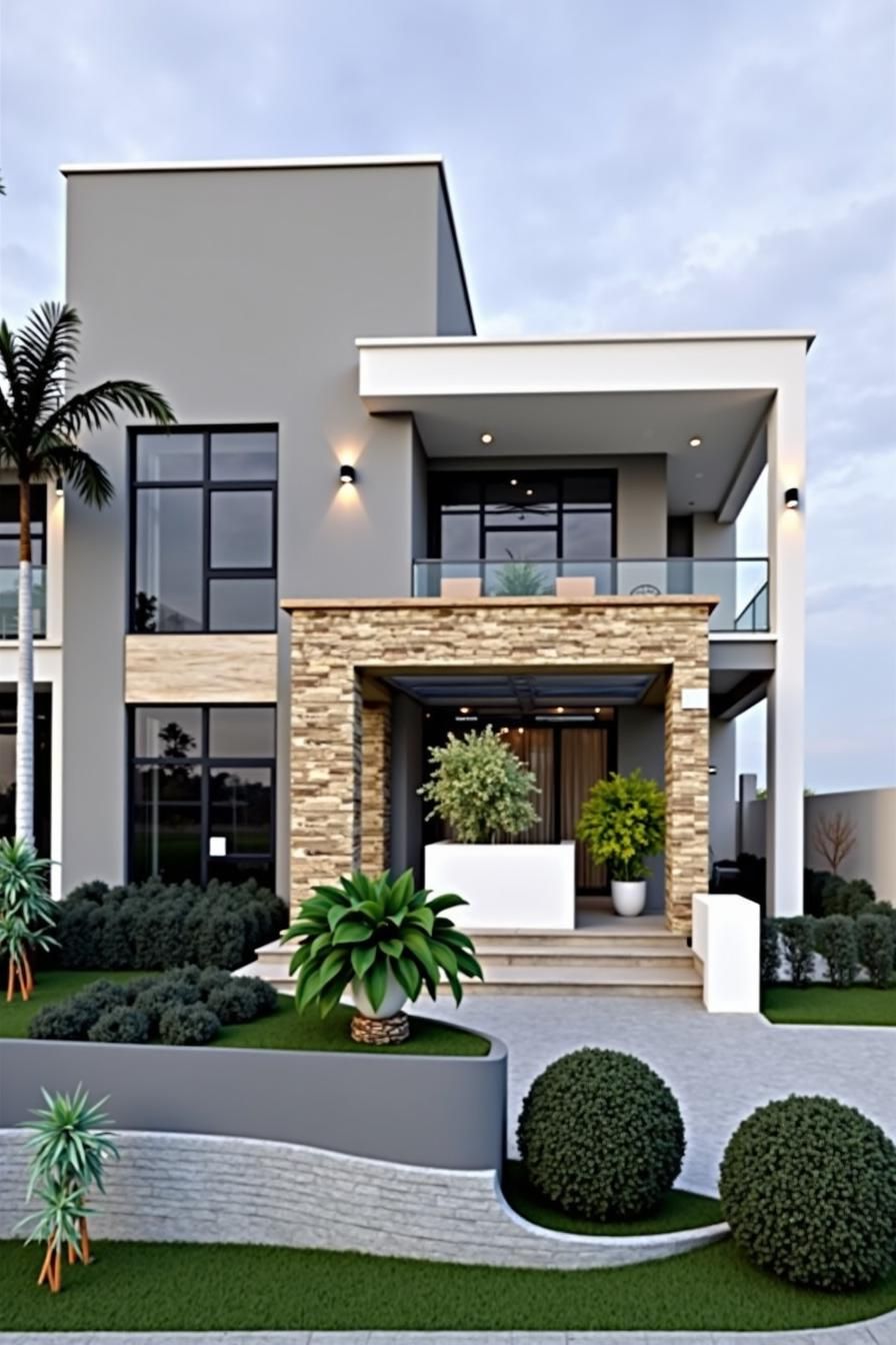 Modern house with stone accents and lush landscaping