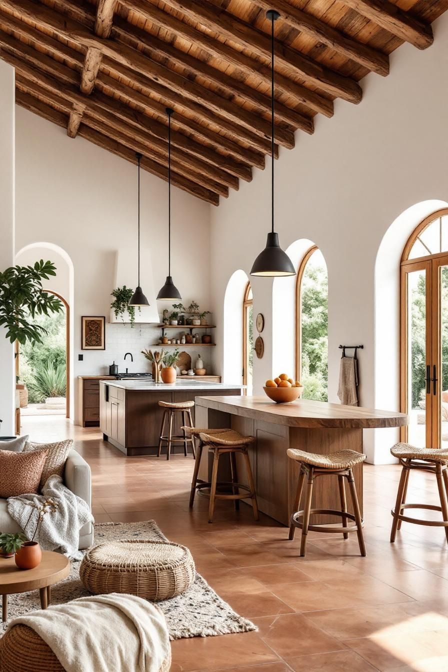 Wooden beams and arches in a bright Spanish-style kitchen