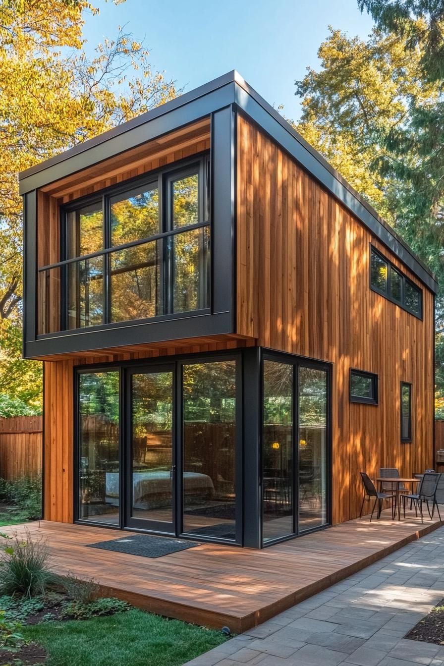 Modern wooden shed house with large glass windows