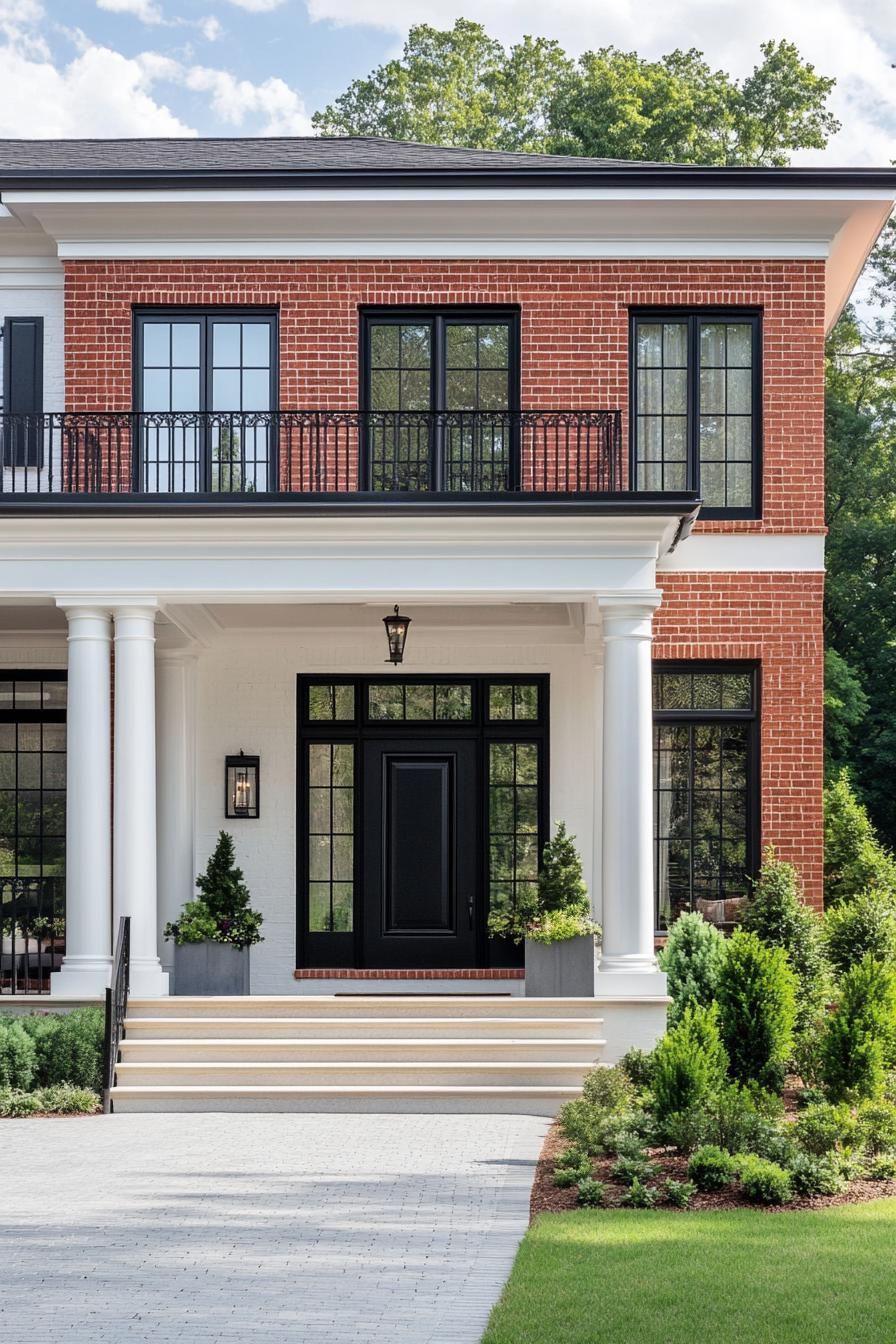 Front view of a Georgian-style house with red brick facade and elegant columns