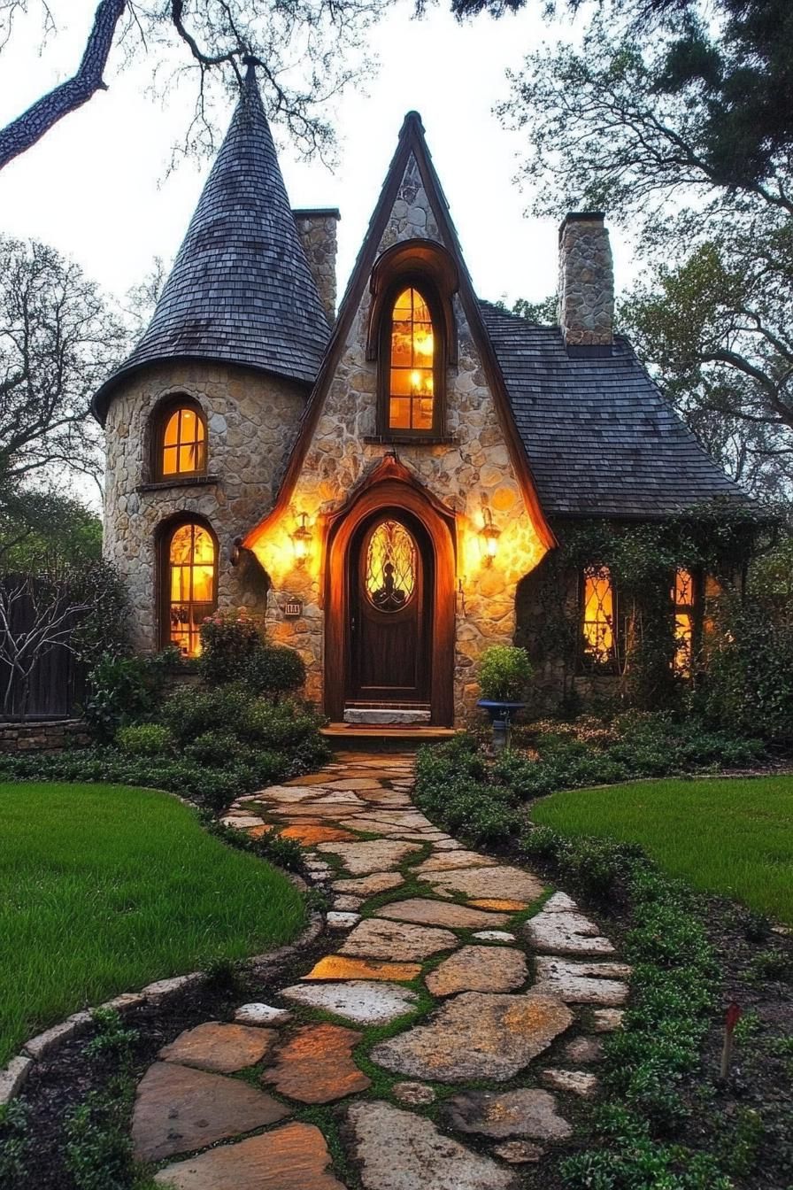 Charming stone house with arched windows and an inviting wooden door