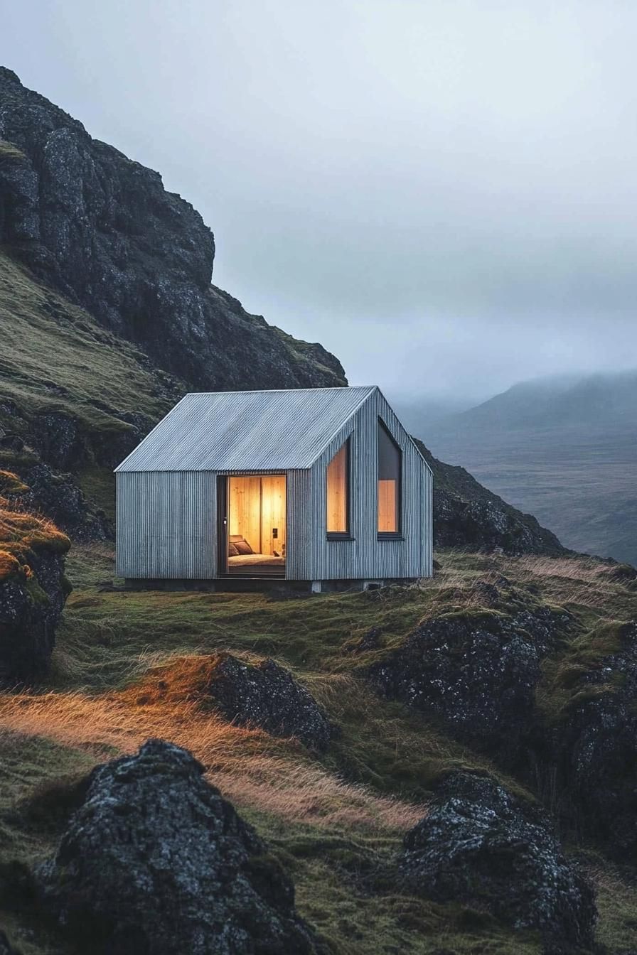 Cozy cabin nestled on a rocky hillside, with glowing windows