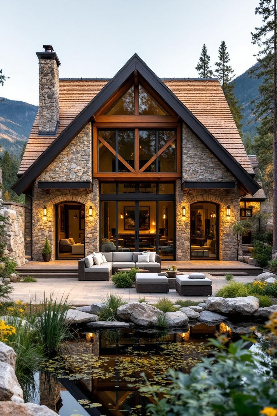 Stone cottage with large windows and cozy patio