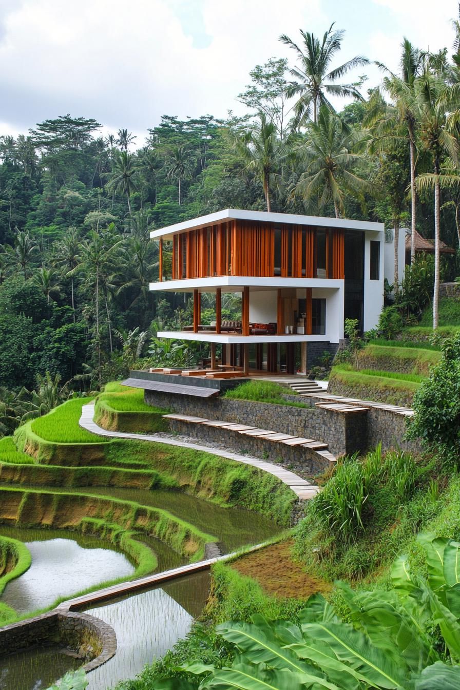 high angle view of a modern house with geometric blocked facade white and natural wood siding tropical rice terraces