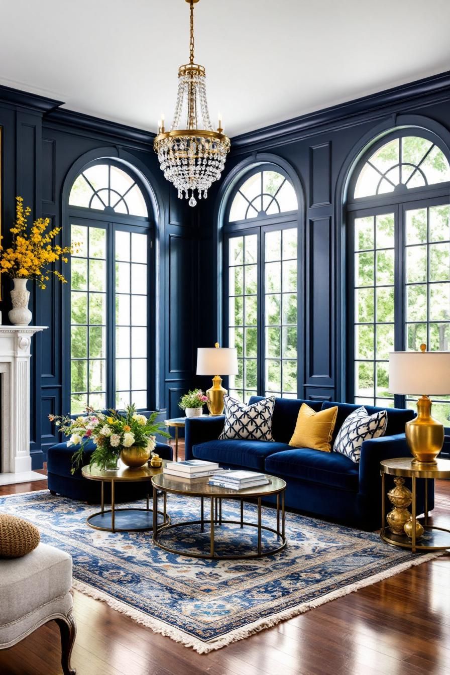 Elegant colonial living room with large arched windows and chandelier