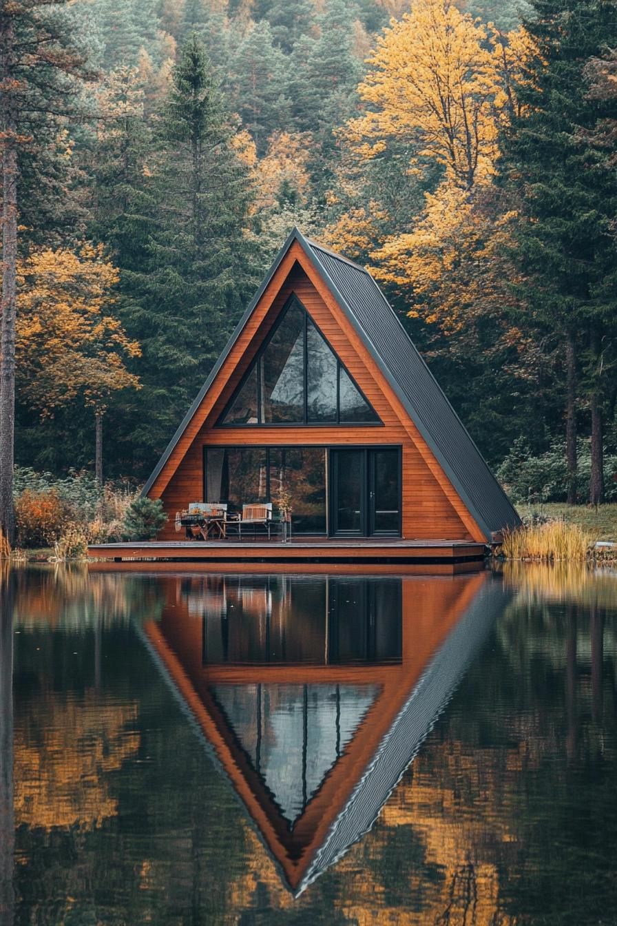 modern a frame cabin with wood siding ful lwall window multi pitched metal roof lake in front with a reflection of the cabin forest in the