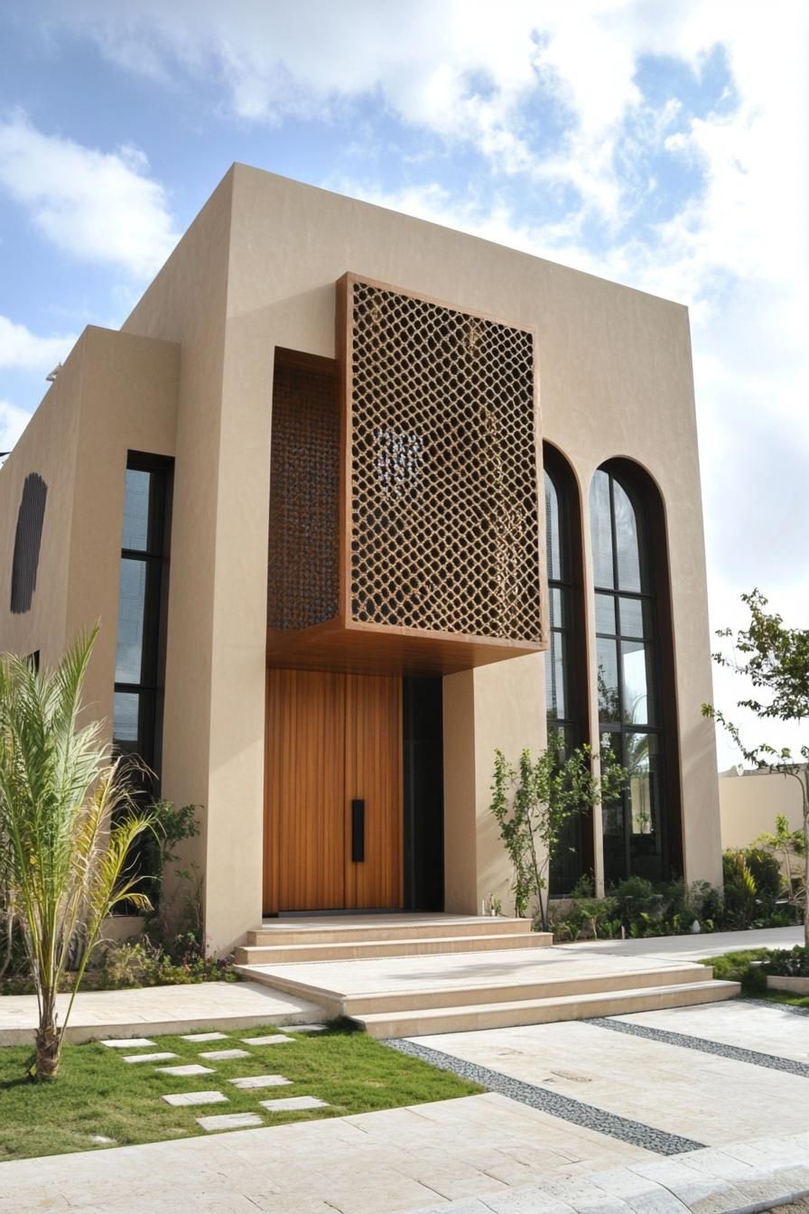 Contemporary Arabic house with arched windows and wooden features