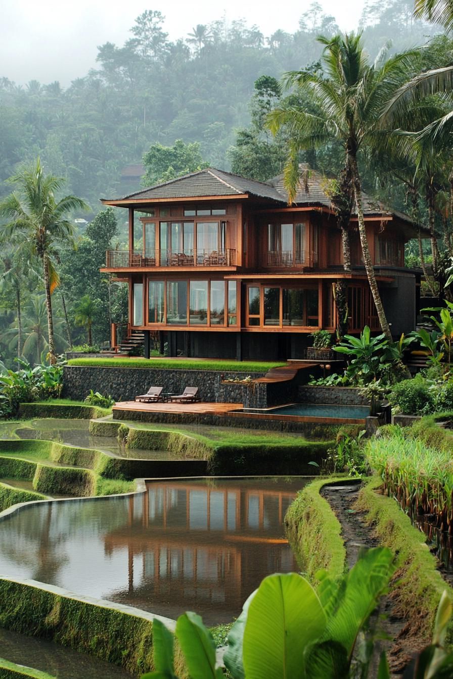 timber clad modern villa in lush tropical landscape with wet rice terraces 1