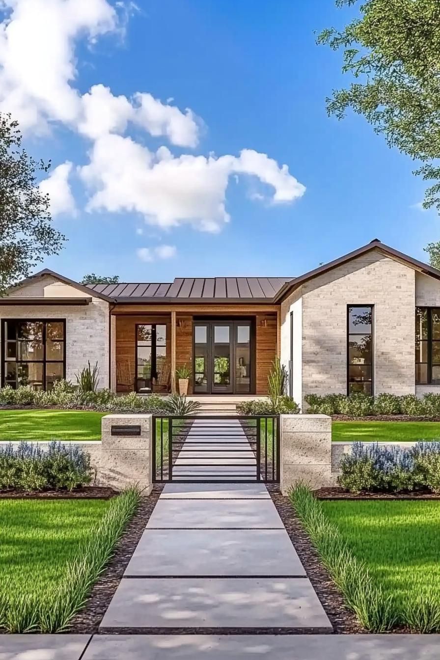 Modern one-story house with manicured lawn and pathway