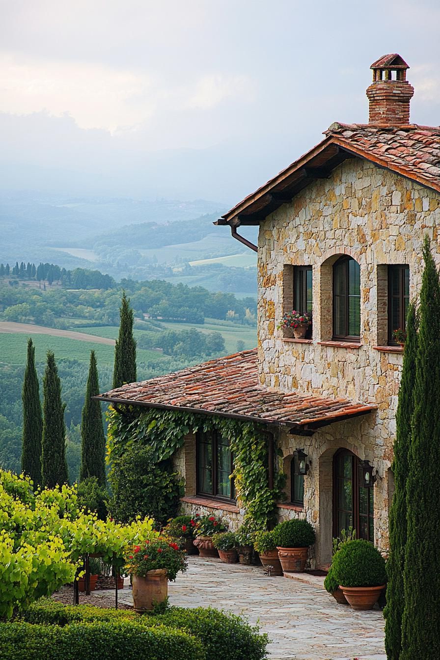 italian villa with multi colored stone facade vineyard italian cypress plants misty valley hills in the background 2