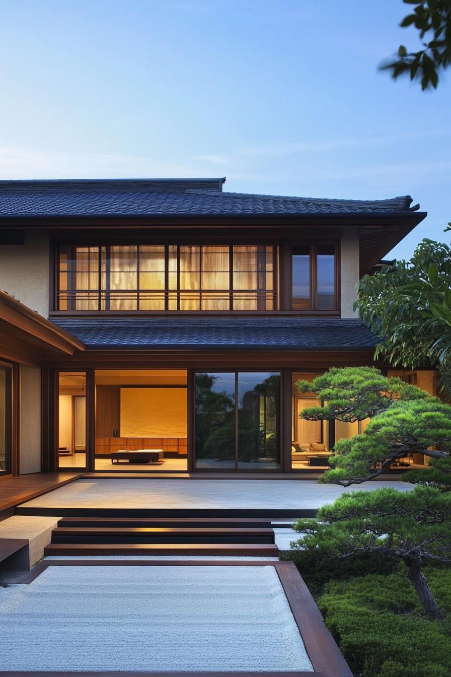 Japanese minimalist house with large windows and a serene garden