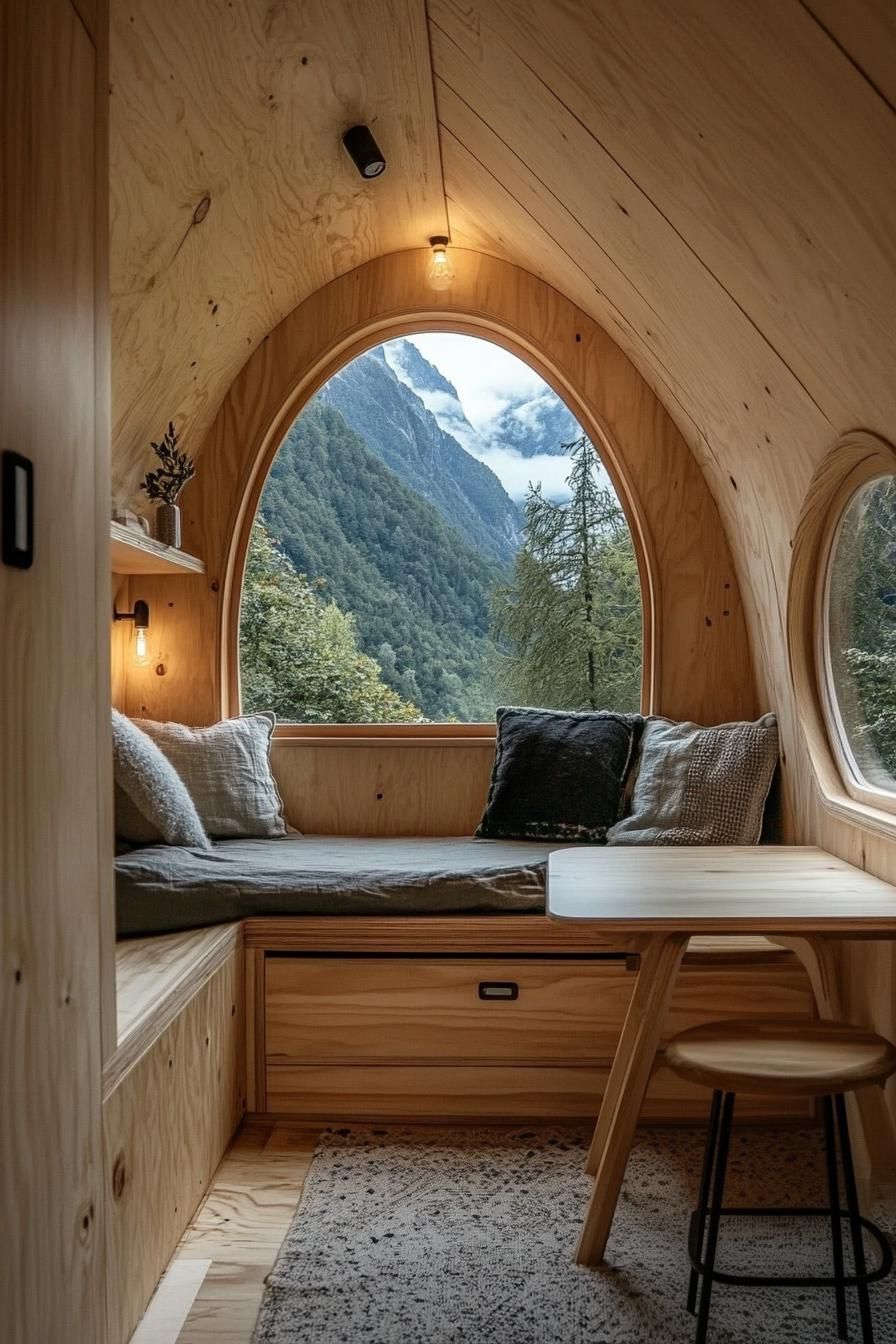 Warm wooden cabin interior with a mountain view