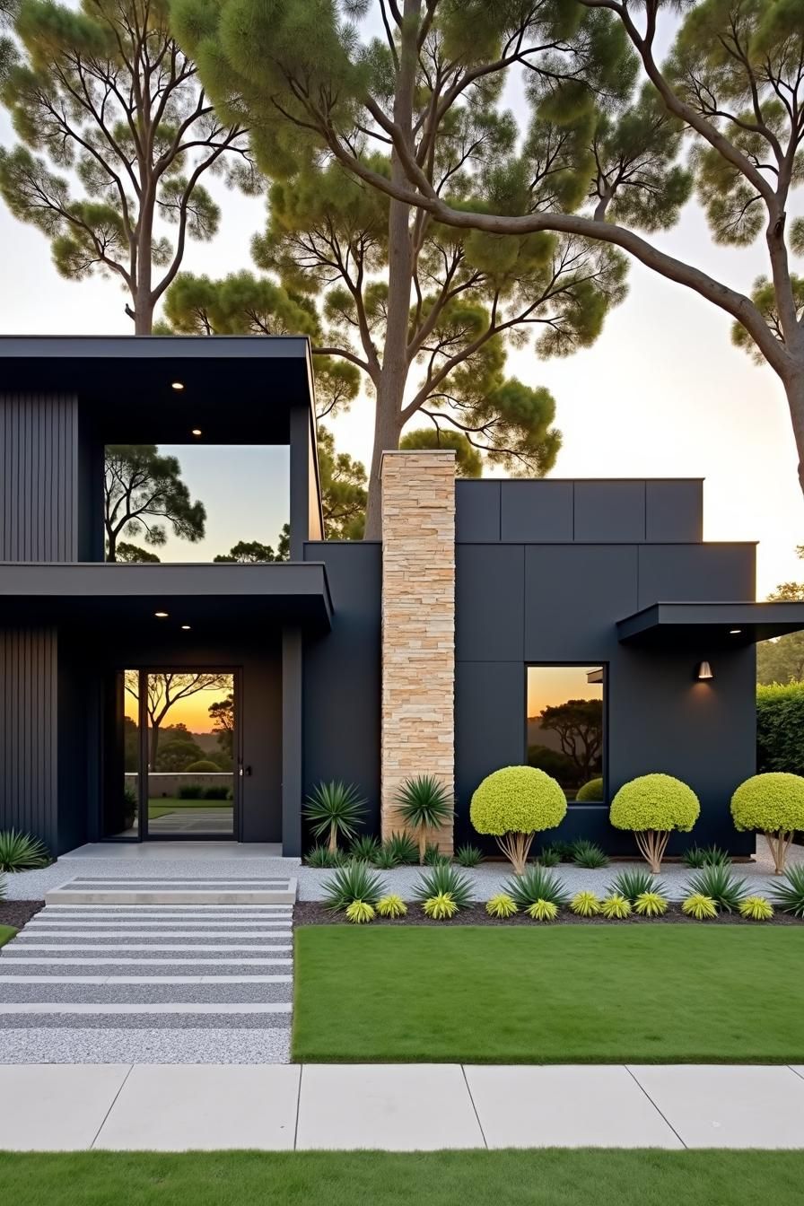 Contemporary black house with sleek design and lush greenery