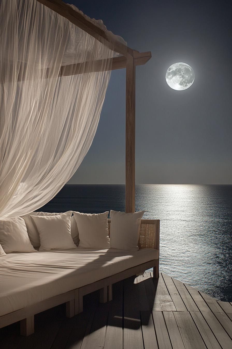 seafront deck with minimalist modern furniture canopy frame and sheer drapes night full moon lit sea view dreamscape 1