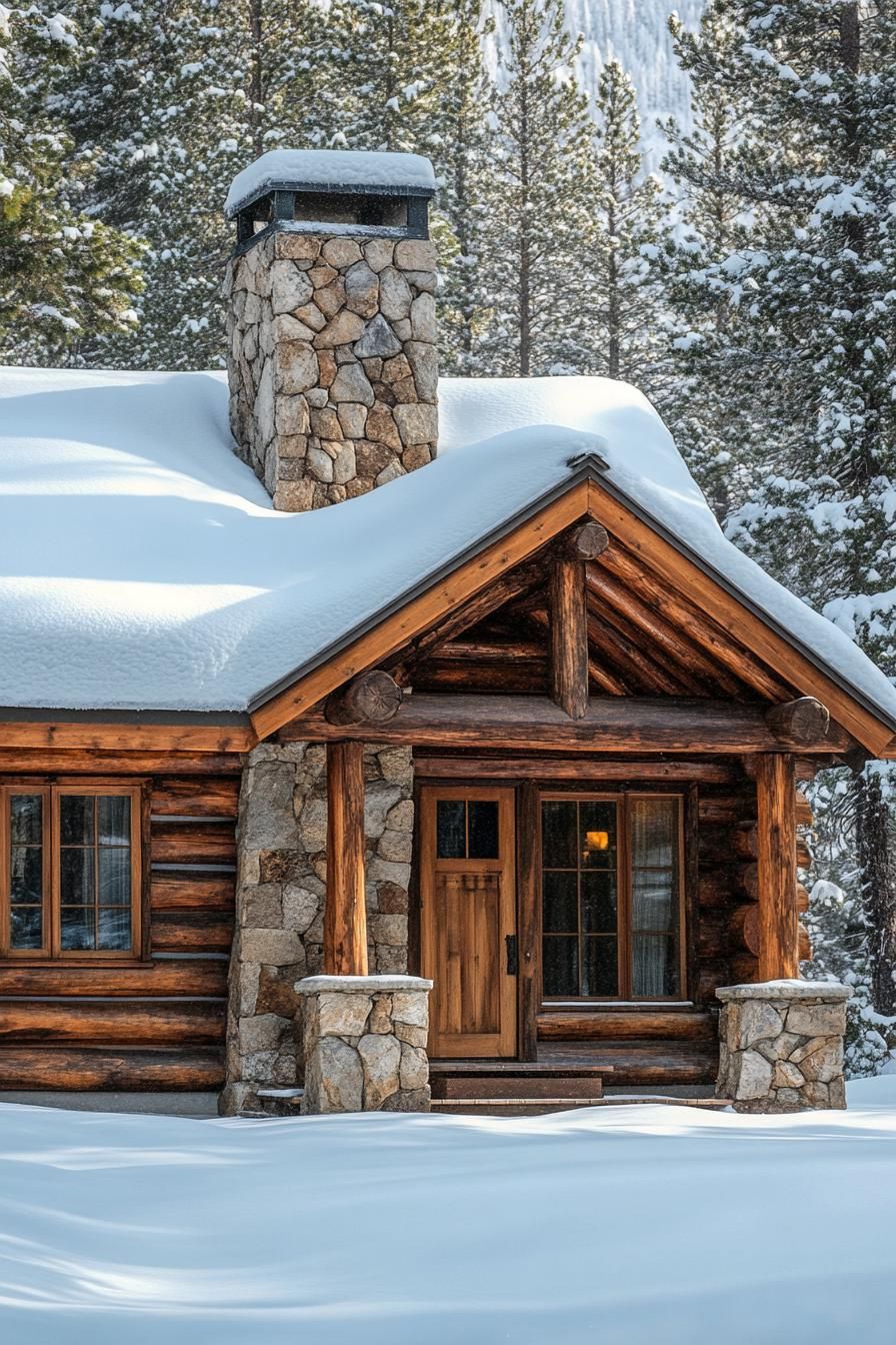 Cozy log cabin with stone chimney surrounded by snow