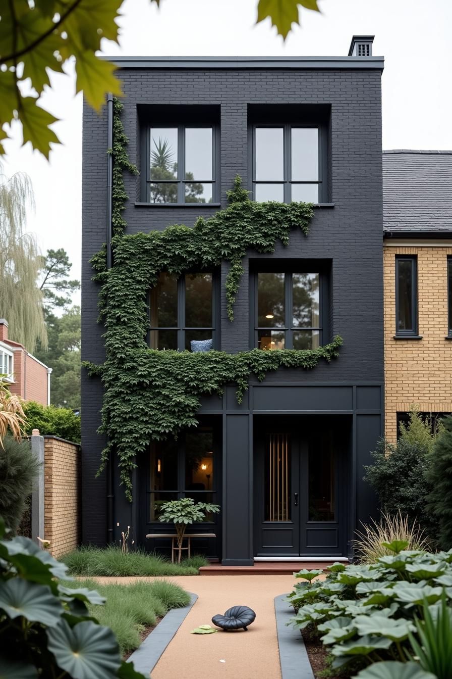 Black contemporary house with ivy on the facade and a lush garden pathway