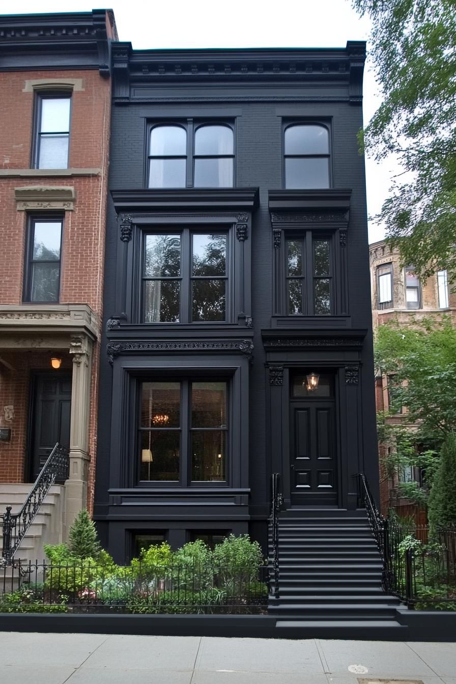 Victorian-style black townhouse with ornate details