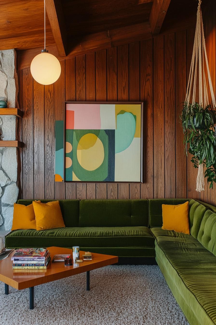 Mid-century modern living room with green velvet sofa and abstract art