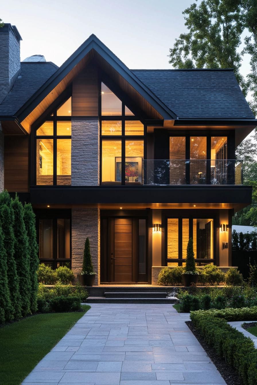 Modern house with large glass windows at dusk