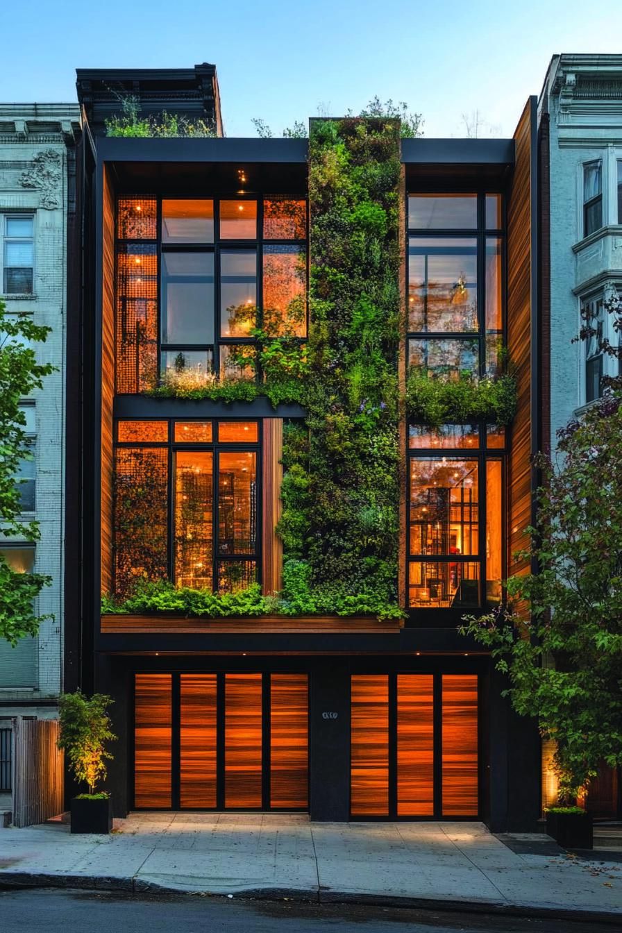 Modern facade with lush vertical greenery and warm lighting