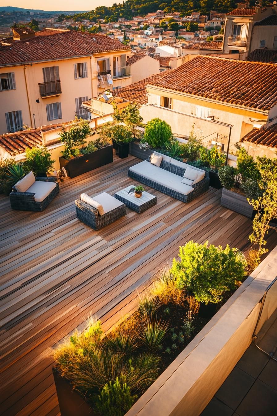 aerial view of a rooftop terrace with wooden deck potted mediterranean plants modern chic garden furniture mediterranean hilly village landscape