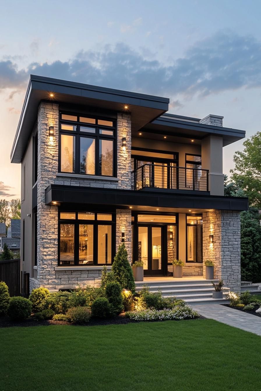 modern three story house with blocked geometric facade mixed siding with stucco and stone brick large windows eaves over balconies geometric front