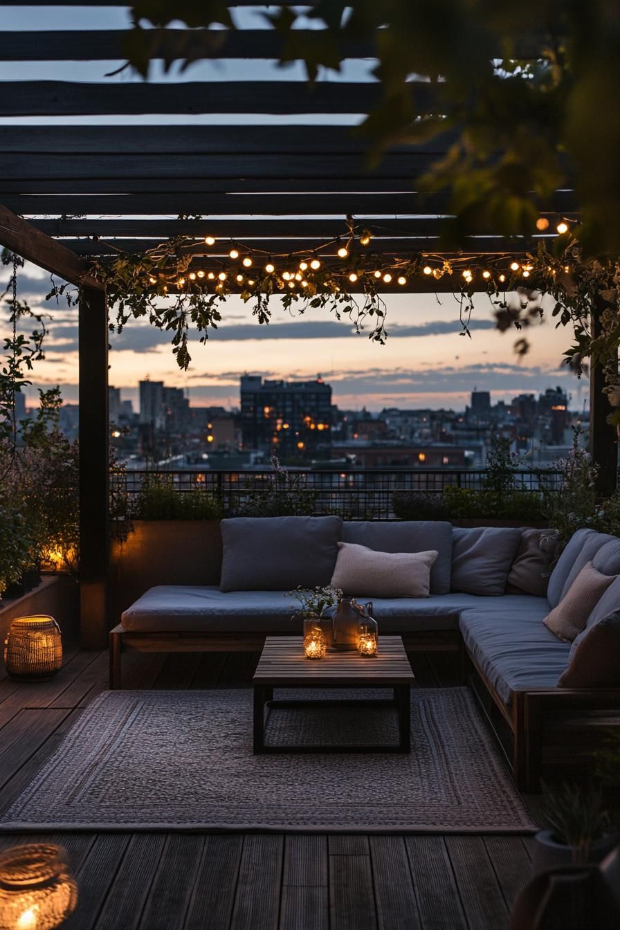 modern rooftop terrace with modern furniture metal frame bars with hanging string lights and vines wood deck with area rug center coffee table