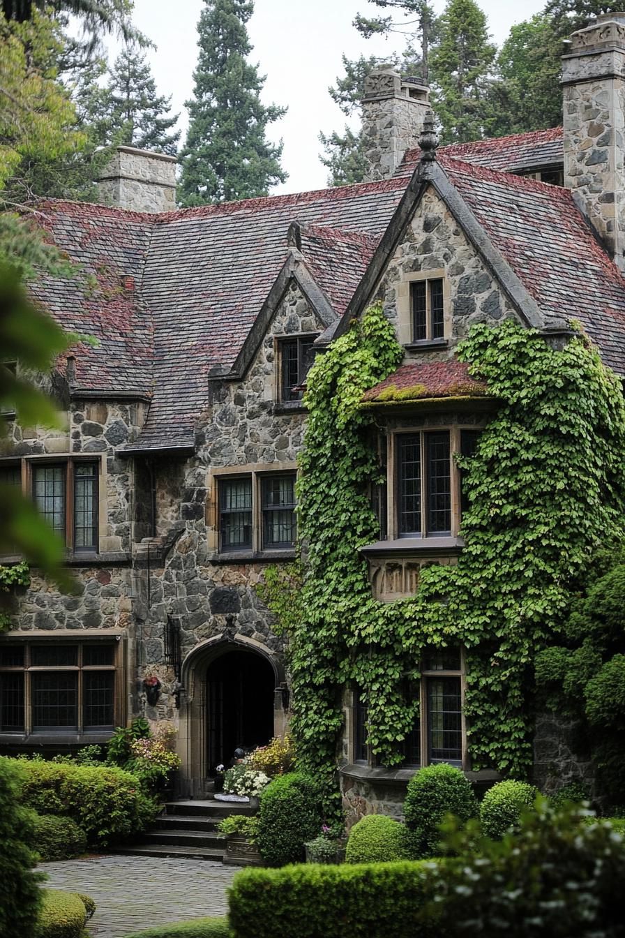 tudor style stone manor on woodlands facade with vines modern windows cobbleston yard 2