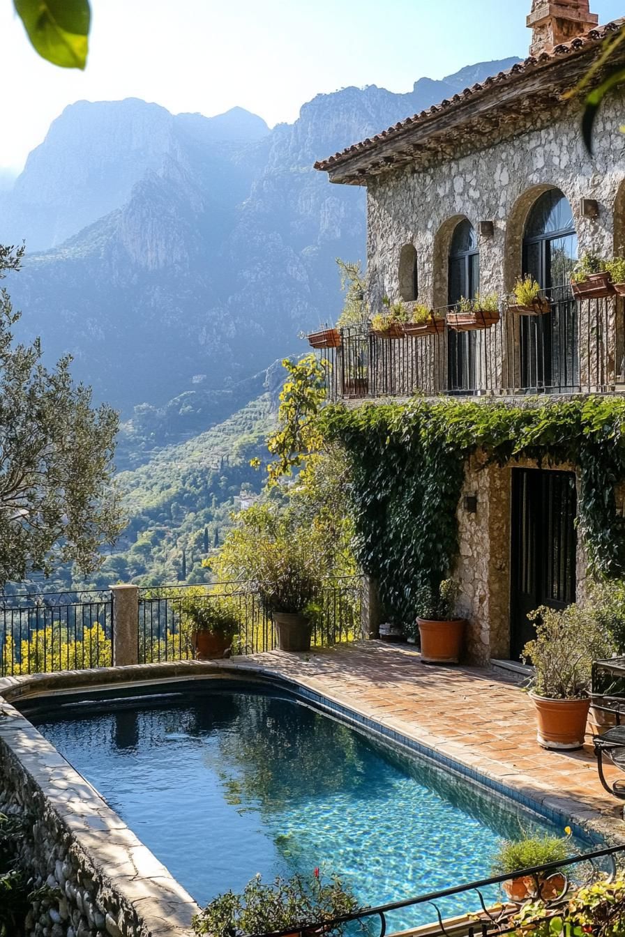 pool of italian villa yard the yard is surrounded with balustrade fence the villa has stone facade and vines there are potted plants and shrubs