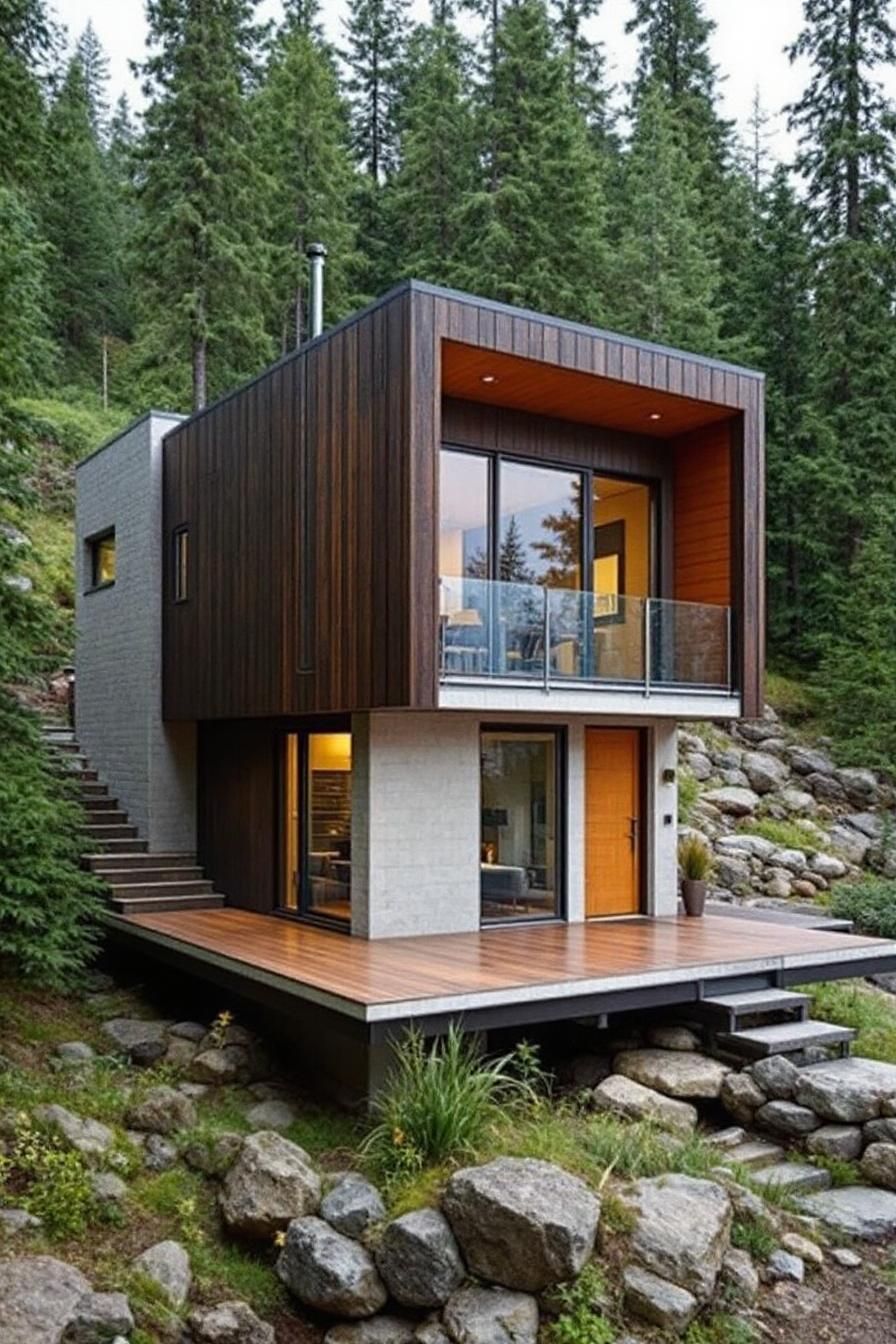 Contemporary two-story cabin with wooden accents