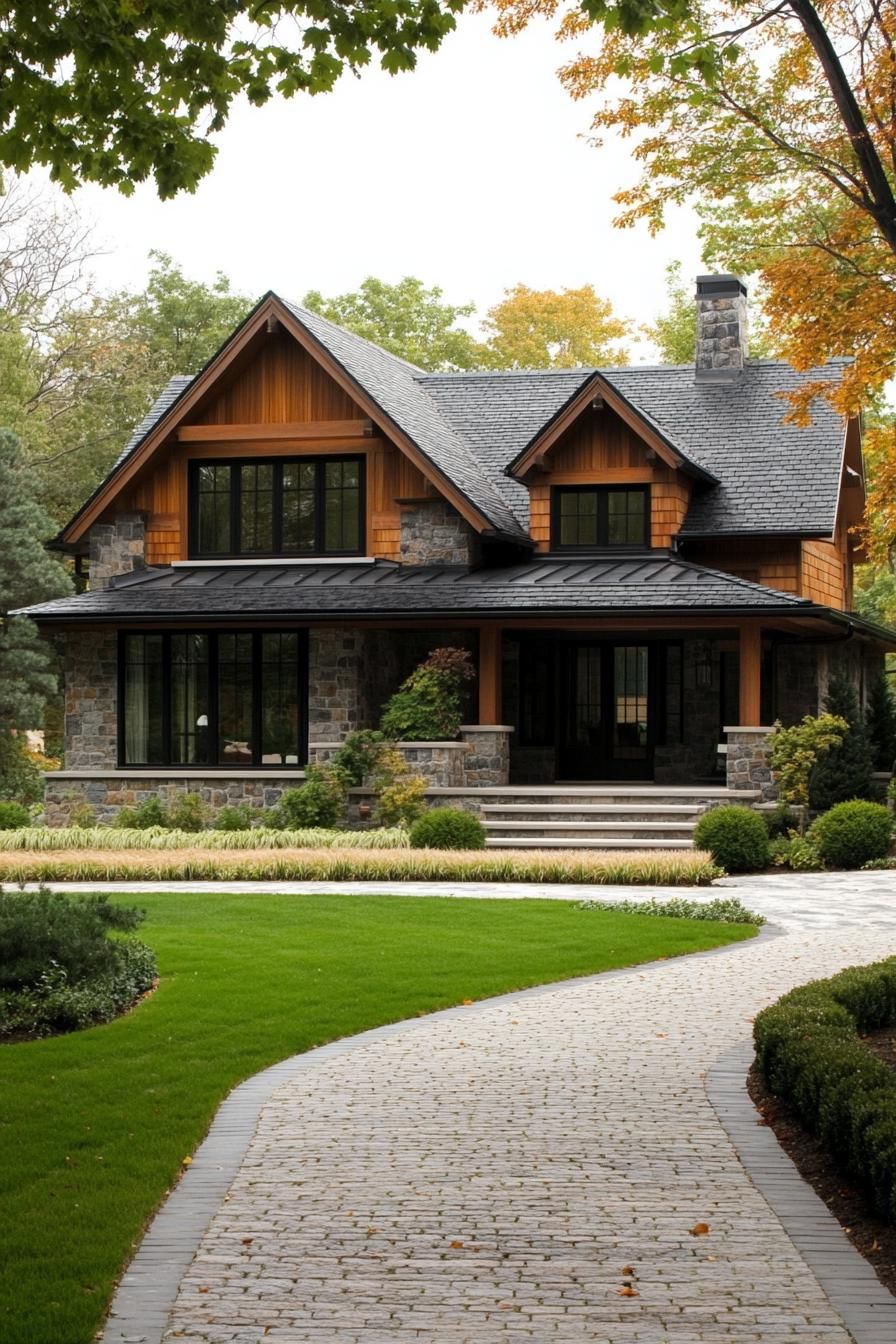 Brick Path to a Stone and Wood Farmhouse