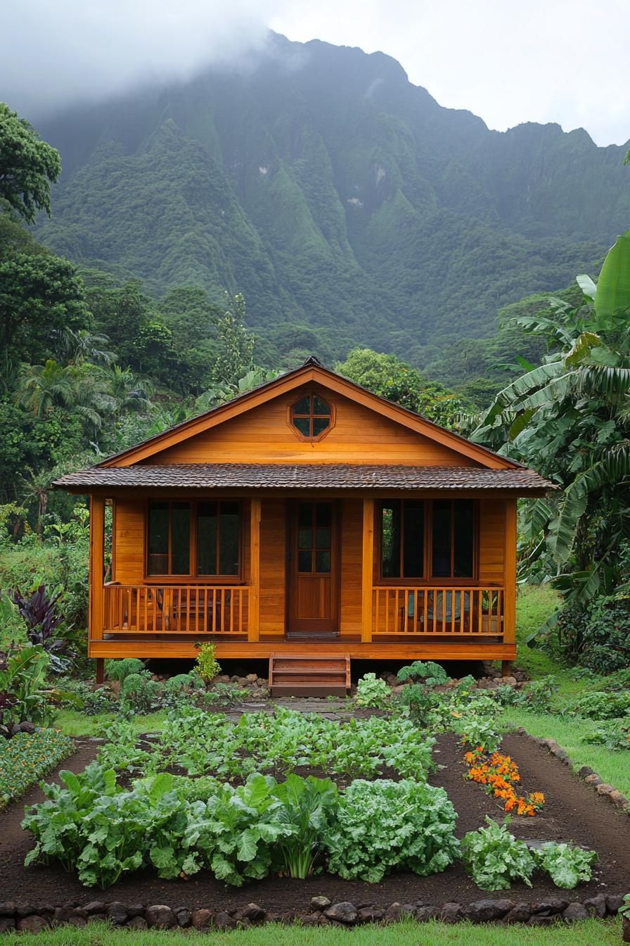 Small wooden cabin with a garden and mountain backdrop