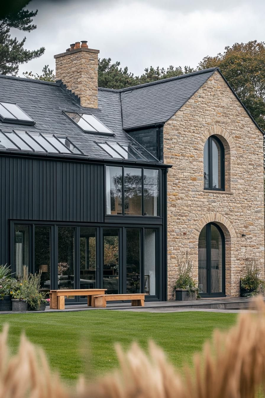 Stone and black exterior house with arched windows