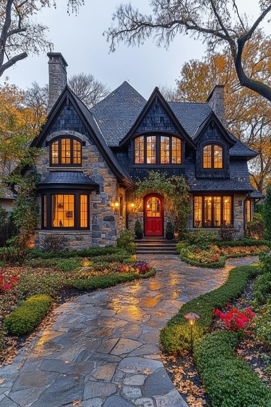 Charming cottage with red door and stone pathway