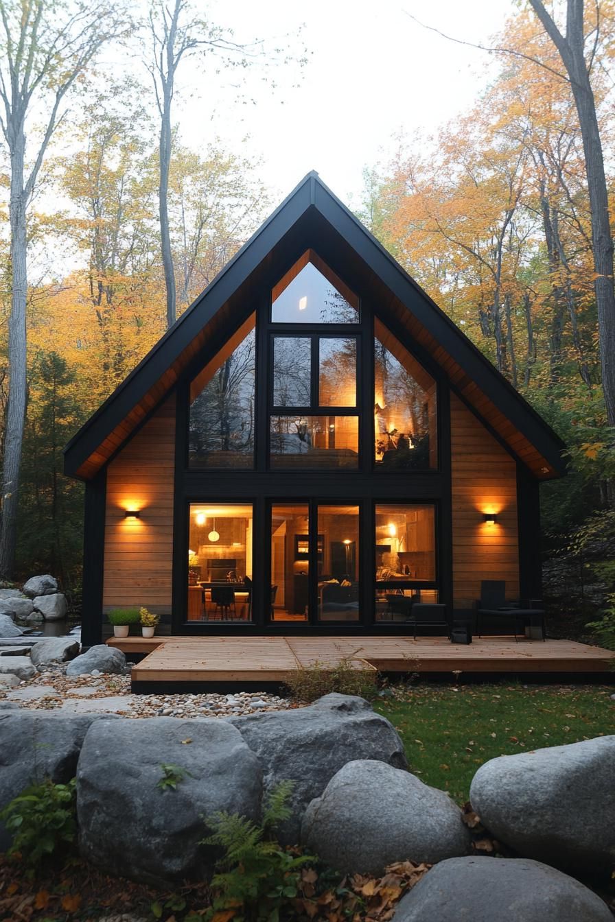 Modern A-frame cabin with large windows and wooden deck in autumn forest