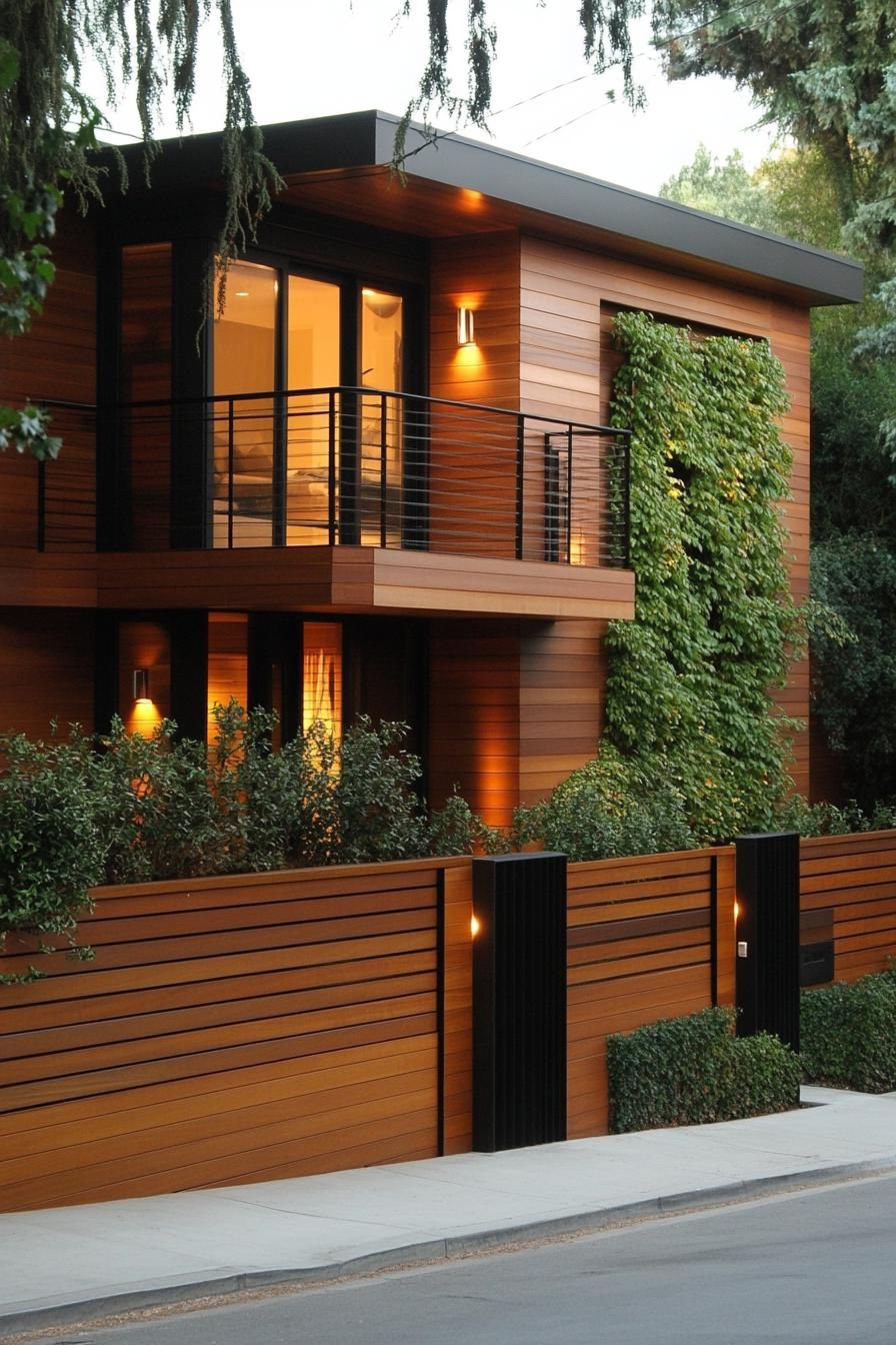 modern house facade with oak cladding and vertical wood slat panels modern wooden fence with vines 2