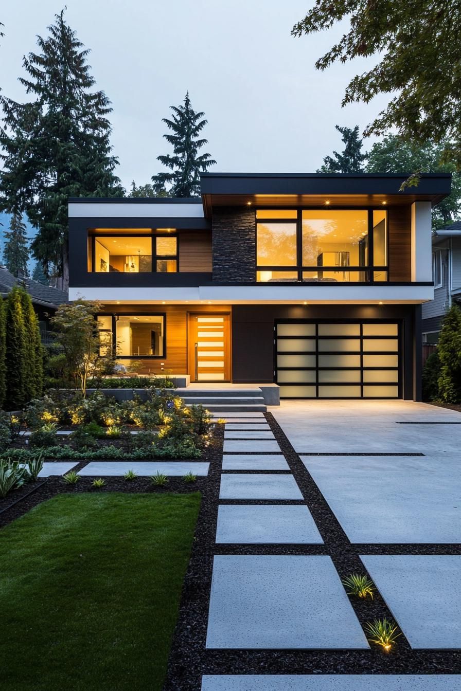 frontal view of a modern house with geometric blocked facade distinct sections of the facade include white painted siding dark painted siding stone