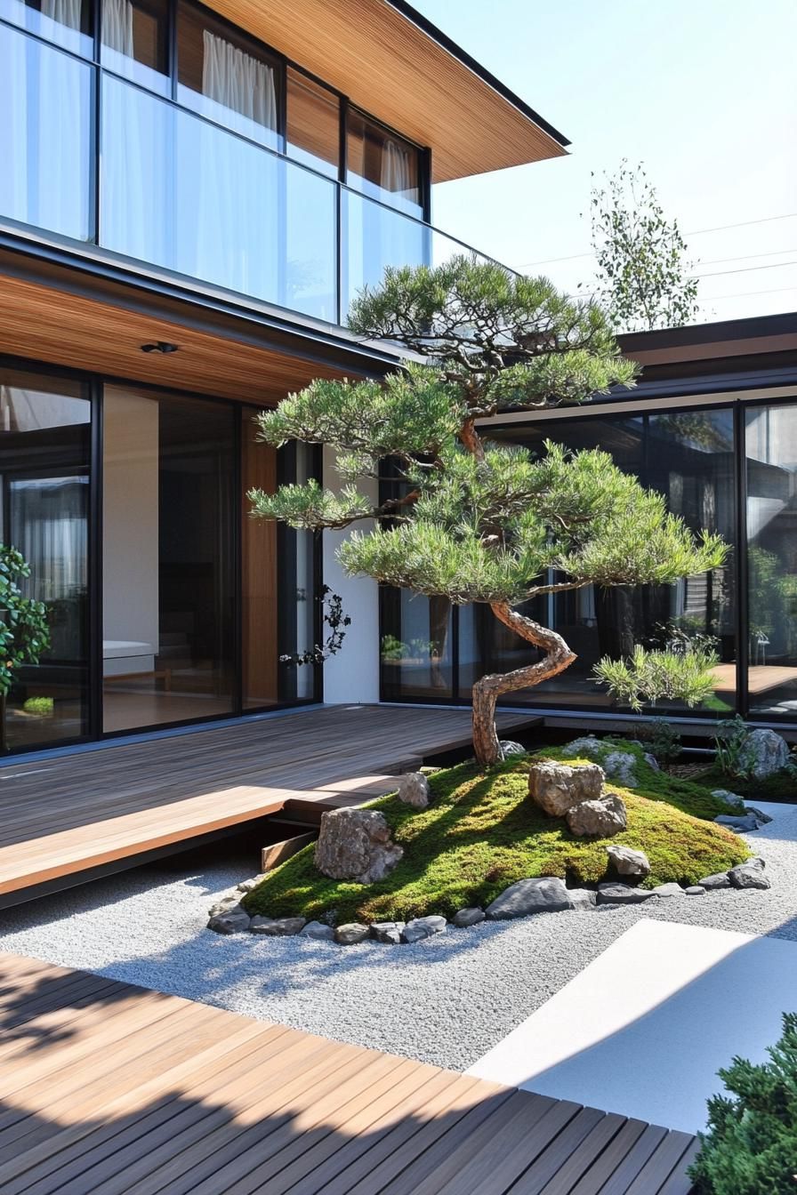 A minimalist courtyard with a tree and pebbles