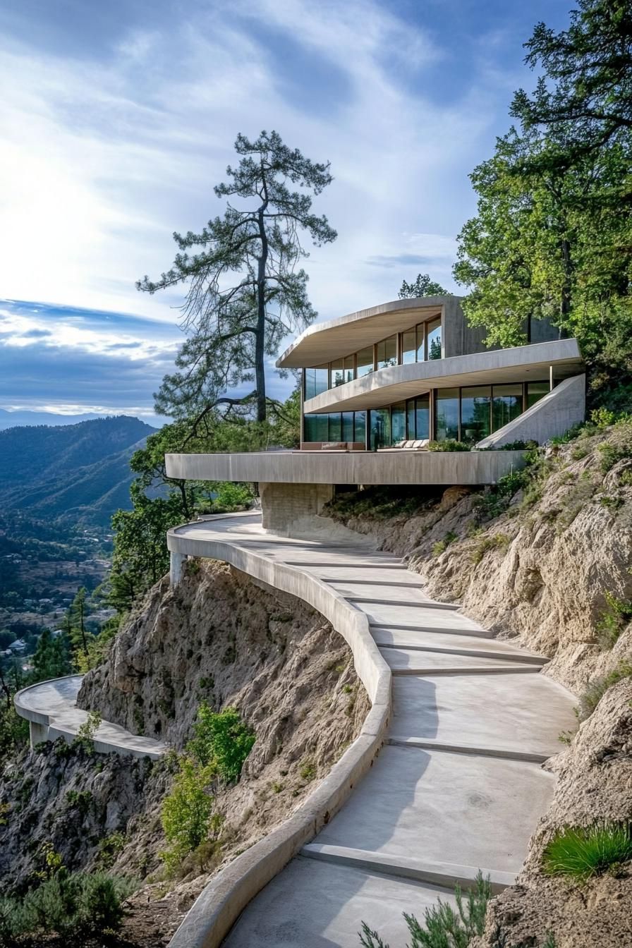 modern concrete cliffside slope house with cascading terraces path on the slope leads to the house from above v 6.1 1