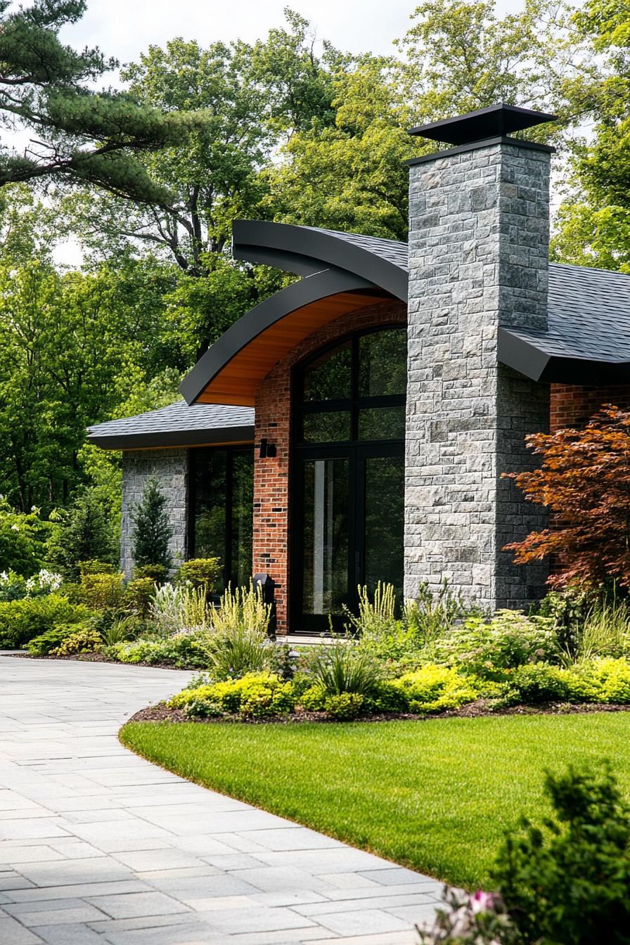 Stone house with curved roof and lush garden