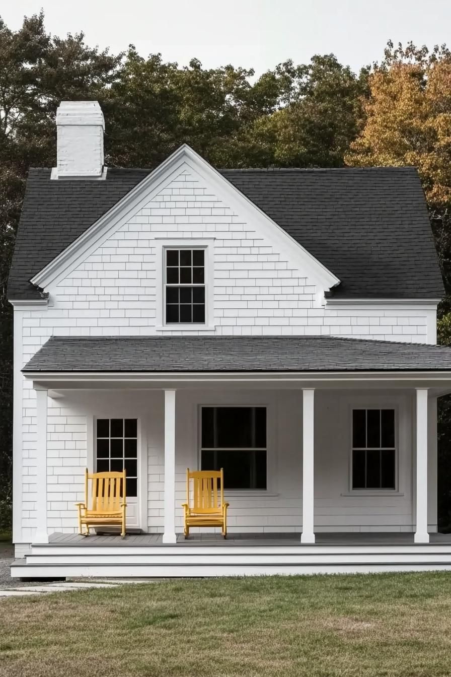 White Gothic house with yellow rocking chairs