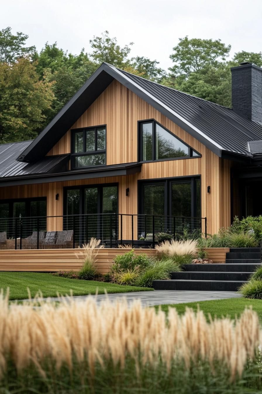 contemporary house exterior with natural wood siding black saltbox roof large modern windows in black trim raised deck with black metal railings