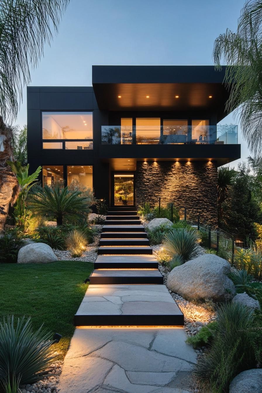 Modern house with large windows, a stone facade, and a stylish garden path