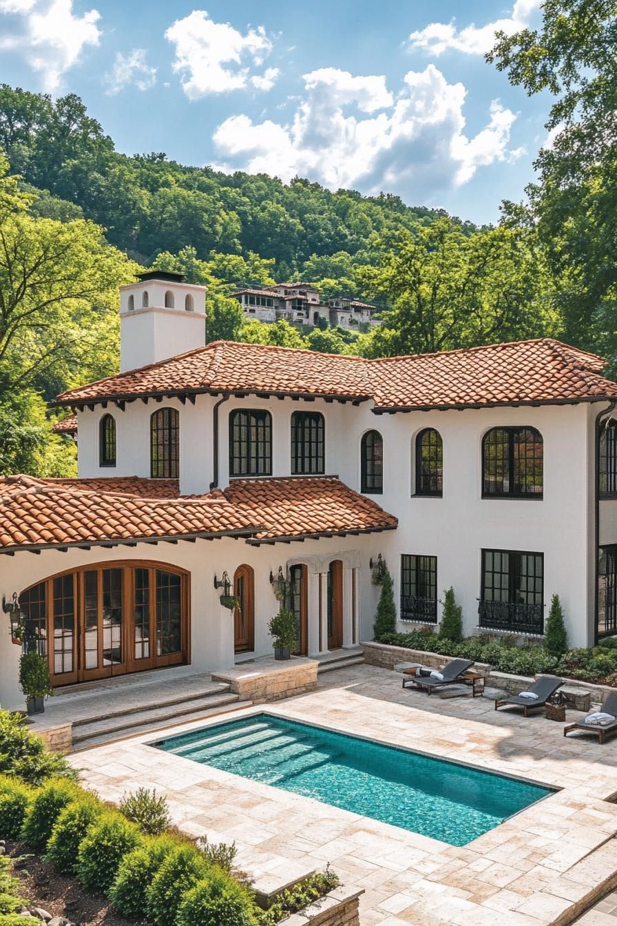 Mediterranean villa with terracotta roof and lush surroundings